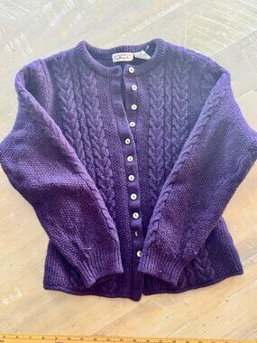 Talbots Cable Knit Wool Cardigan Sweater Womens Medium Purple